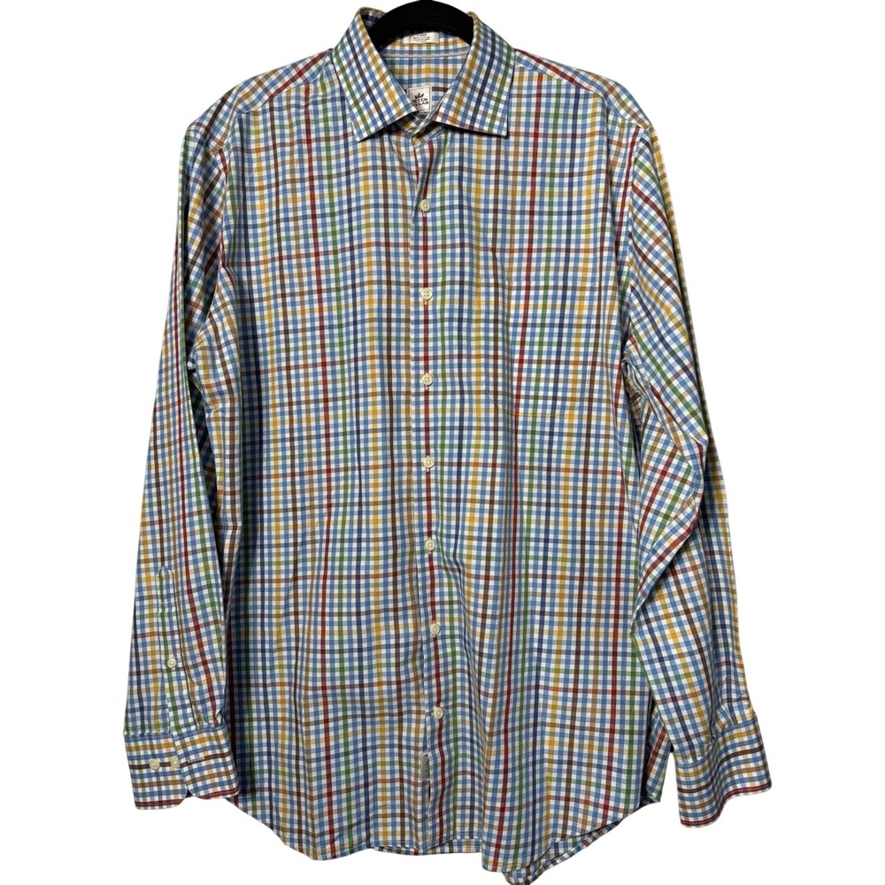 Peter‎ Millar Shirt Adult Large Blue Multi Shepherd Check Cotton Button Up Mens